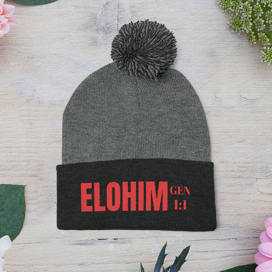 Red Pom-Pom Knit Cap with 'ELOHIM, GENESIS 1:1' Embroidery Beanie - Stylish Winter Accessory for All Ages, Perfect Gift for Birthdays, Holidays, and Outdoor Activities