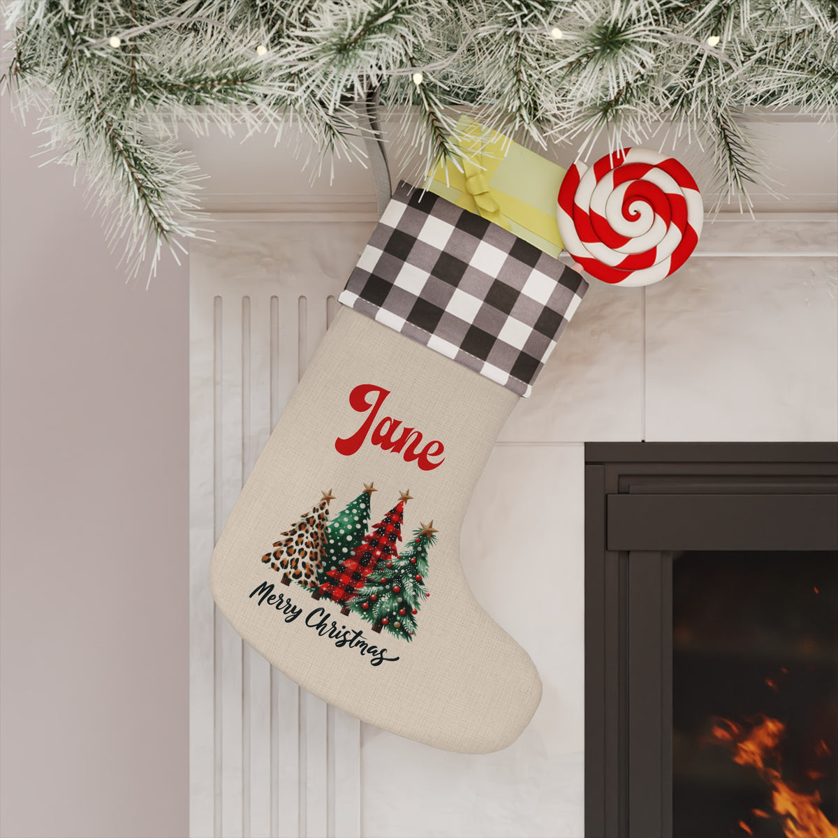 Personalized Buffalo Plaid Christmas Stocking – Custom Name with Festive Tree Design