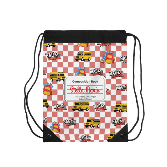 Custom Red SchoolYard Chic Composition Book Inspired Colorful plsyful icons Drawstring Bag | Personalized College Ruled Tote | Kids School Gear | Fun Gym Sack | Back to School Accessory