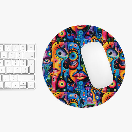 Psychedelic Visions Colorful Abstract Faces Mouse Pad - Artistic Desk Accessory