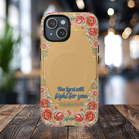 The Lord will Fight for You Exodus 14:14, Inspirational Gift, Tough MagSafe® Magnetic Case Scripture, Sunflower Bible Verse, iPhone® 13, 14, iPhone 15, iPhone 16, 17, Pro, Pro Max, Plus.