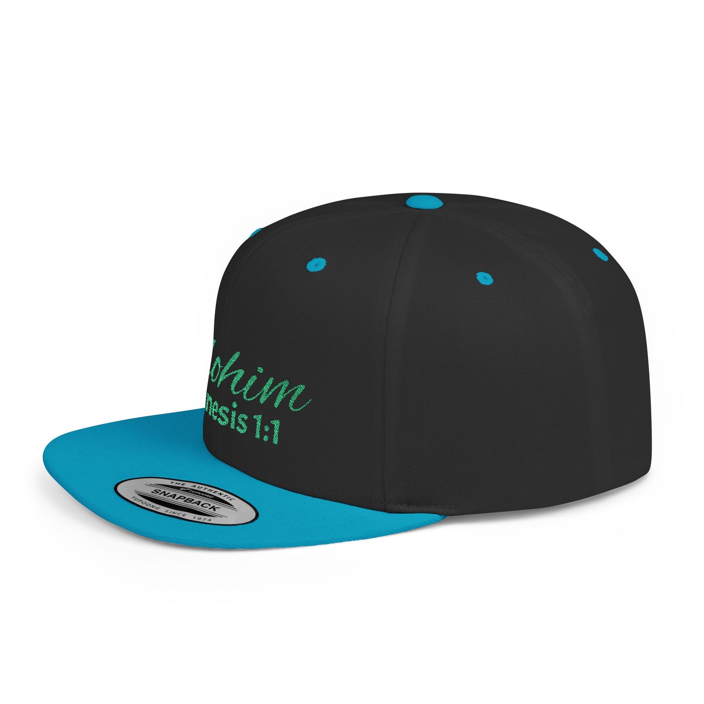 Green Elohim, Genesis 1:1 Snapback Cap - Faith-Inspired Flat Bill Hat, Baseball Hat, Perfect for Gifts, Daily Wear, Spiritual Events.