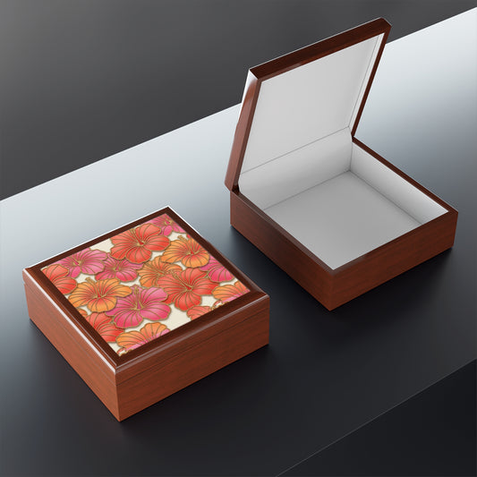 Hibiscus Floral Jewelry Box – Tropical Orange & Pink Keepsake Box