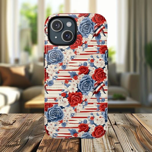 Floral Freedom Tough iPhone Magnetic Case, Red Blue Flower Design, iPhone MagSafe® compatibility Cover, Best Gift for Her, Holiday Present