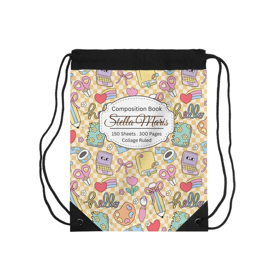 Composition Doodle Daydream Book Inspired Colorful ABC Drawstring Bag | Personalized College Ruled Tote | Kids School Gear | Fun Gym Sack | Back to School Accessory