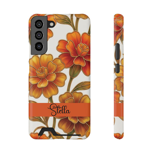 Personalized Orange Stained Glass Effect Marigold Floral Cardholder iPhone and Samsung Case