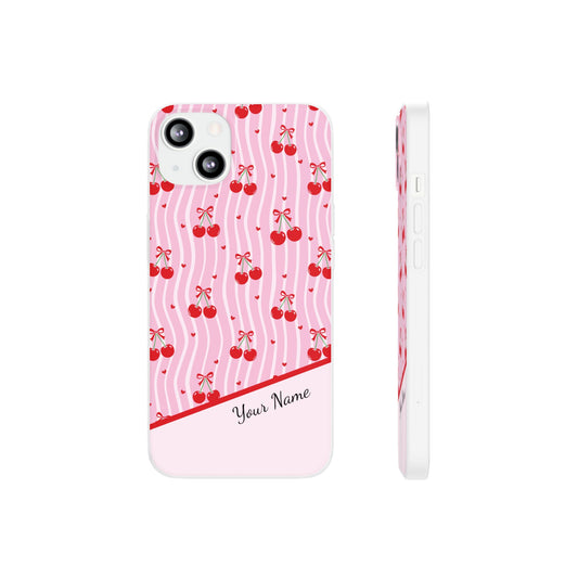 Personalized Cherry Blossom Dreams Flexi Case — Pink Retro Cherry iPhone® 7/8, 11, 12, 13, 14, 15, 16, 17, X/XS, SE, XR, Mini, Pro, Pro Max, Plus Cases.