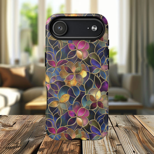 Chromatic Bloom Tough iPhone Magnetic Case, Tough iPhone Cover, Floral iPhone Accessory, Birthday Gift, Elegant Tech Decor, MagSafe Stained Glass Pattern.