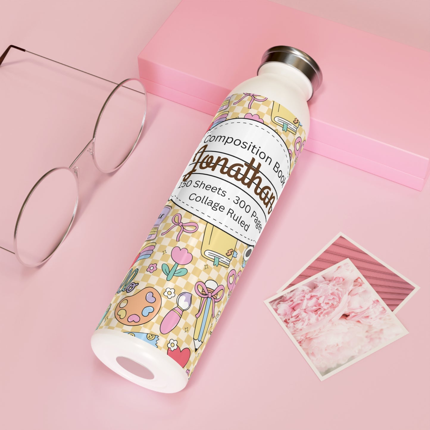 Personalized Composition Book Doodle Daydream Inspired Slim Water Bottle, Drinkware, Eco-Friendly Hydration Bottle, Perfect for Gifts, School Supplies, Back to School