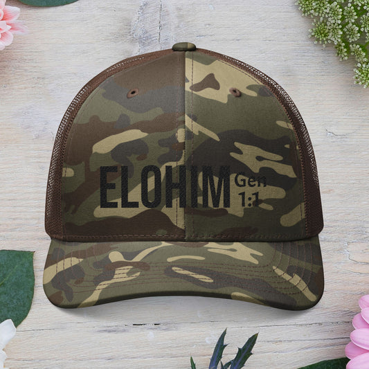Black Camouflage Embroidered Trucker Hat with 'ELOHIM, GENESIS 1:1', Casual Style Hat, Adjustable, Unisex, Perfect Gift for Outdoors, Festivals, Daily Wear.