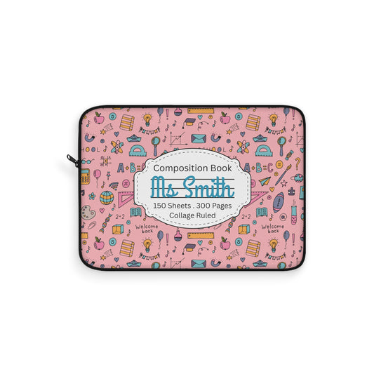Personalized Pink Chalkboard Chic Laptop Sleeve with Composition Book Inspired Design, Educational Gift for Teachers, Classroom Organization, Back to School, Unique Teacher Accessory