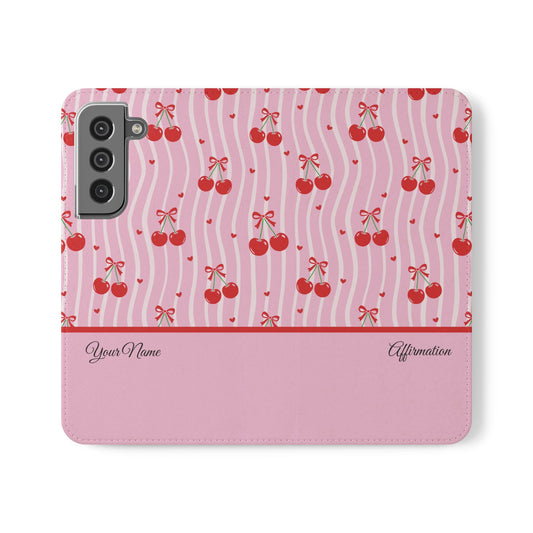 Personalized Cherry Blossom Dreams Flip iPhone and Samsung Cases — Wallet Folio with Name & Affirmation.