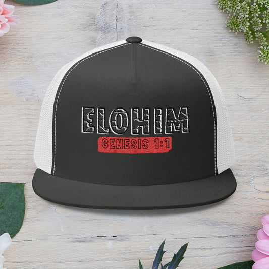 'ELOHIM, GENESIS 1:1' Embroidered 5 Panel Trucker Cap | Casual Style Hat, Adjustable, Unisex, Perfect Gift for Outdoors, Festivals, Daily Wear