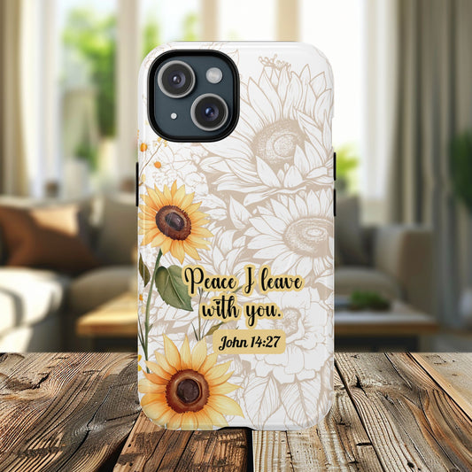Peace I Leave with You John 14:27, Inspirational Gift, Tough iPhone Magnetic Case Scripture, Sunflower Bible Verse, MagSafe® iPhone® Tough Case, iPhone 14, iPhone 15, iPhone 16, Pro, Pro Max, Plus