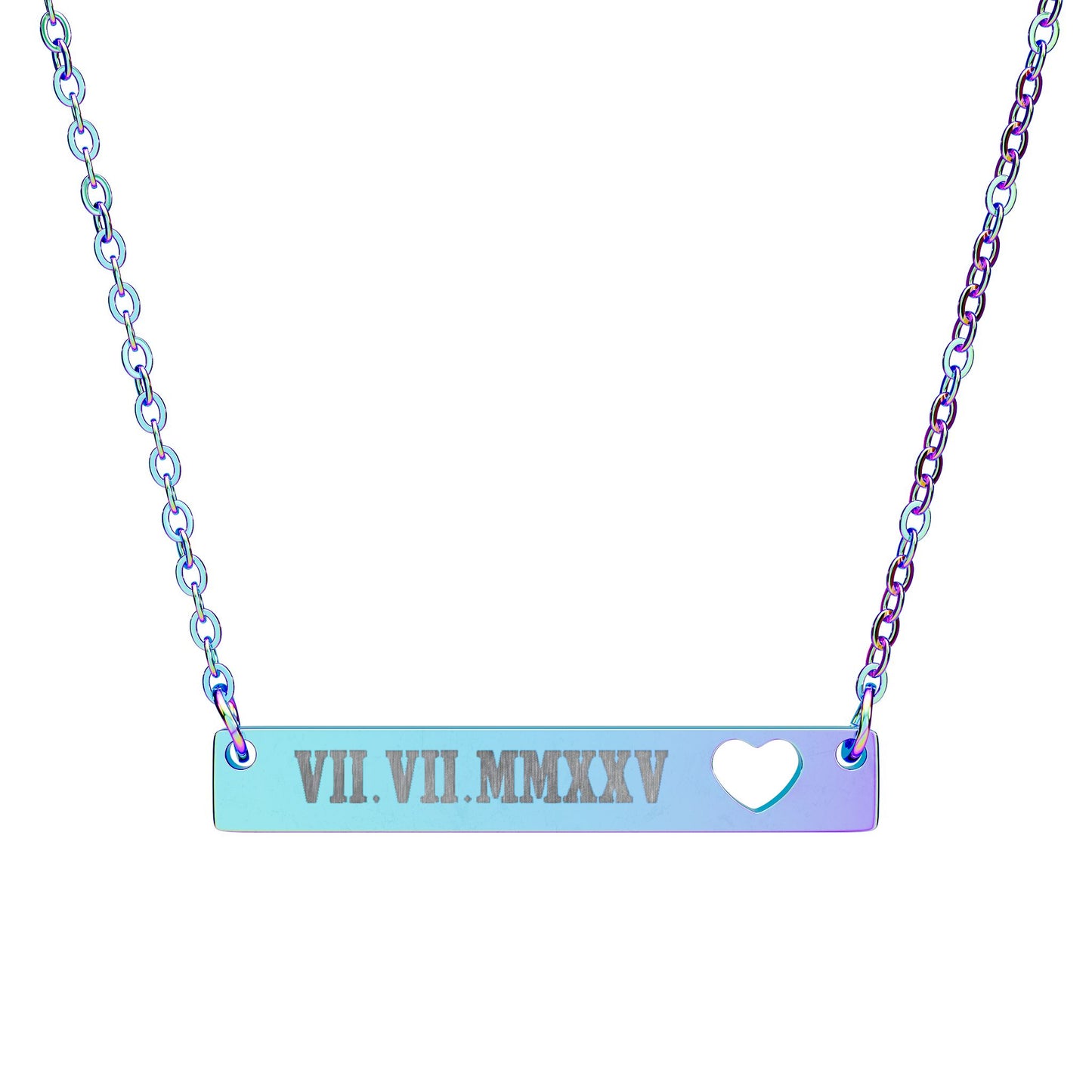 Engravable Cutout Heart Bar Necklace — Personalized Date Roman Numerals/Message/Name