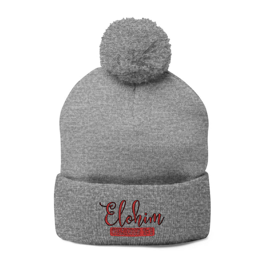 Red Pom-Pom Knit Cap with 'ELOHIM, GENESIS 1:1' Embroidery Beanie - Stylish Winter Accessory for All Ages, Perfect Gift for Birthdays, Holidays, and Outdoor Activities