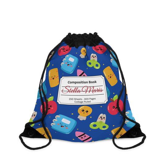 Custom Blue Kawaii Composition Book Inspired Colorful ABC Drawstring Bag | Personalized College Ruled Tote | Kids School Gear | Fun Gym Sack | Back to School Accessory