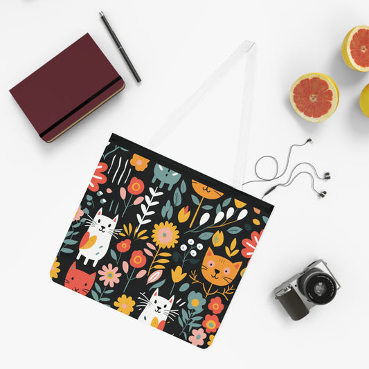Whimsical Feline Garden Shoulder Tote Bag - Colorful Everyday Accessory
