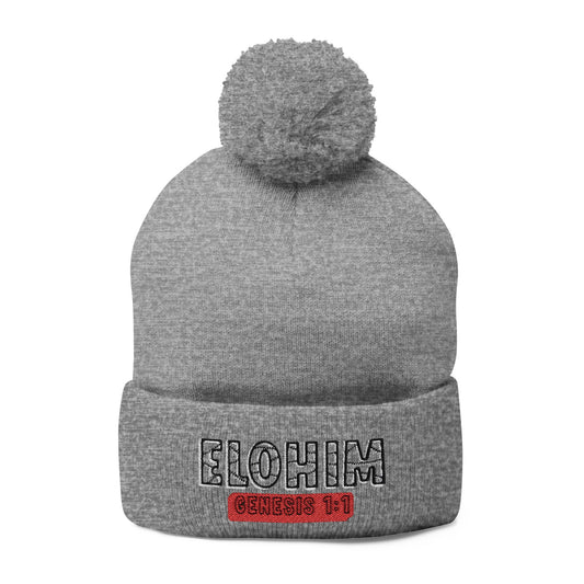 Cozy Pom-Pom Knit Cap with 'ELOHIM, GENESIS 1:1' Embroidery Beanie - Stylish Winter Accessory for All Ages, Perfect Gift for Birthdays, Holidays, and Outdoor Activities
