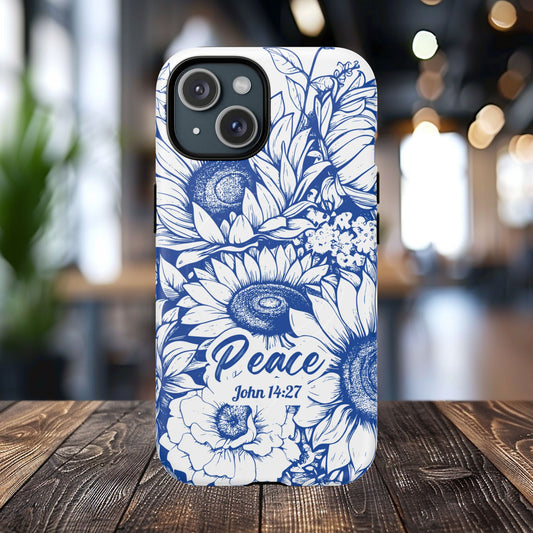 Peace I Leave with You John 14:27, Inspirational Gift, Tough iPhone Magnetic Case Scripture, Sunflower Bible Verse, MagSafe® iPhone® Tough Case, iPhone 14, iPhone 15, iPhone 16, Pro, Pro Max, Plus.