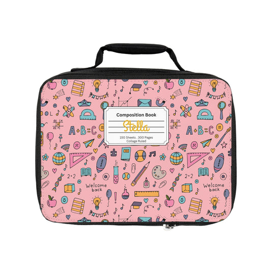 Personalized Pink Chalkboard Chic Composition Book Inspired Colorful Kids Lunch Bag for School, Snack Bag, Lunch Tote, Lunchbox, Kids' Bag with Fun Back to School Design