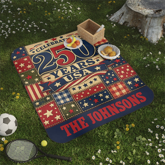 250 Years USA Picnic Blanket — Personalized Patriotic Family Picnic Mat