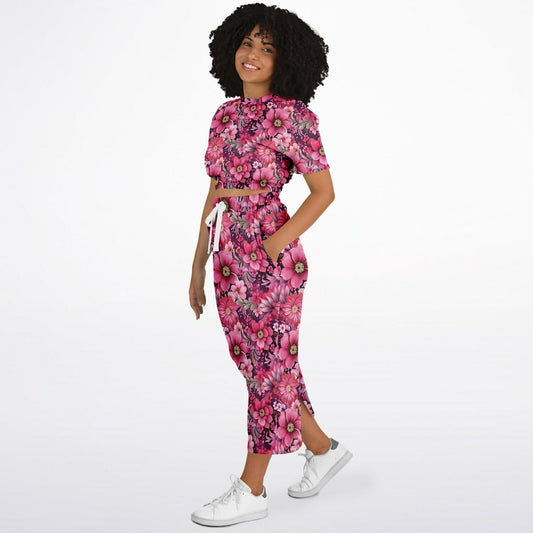 Peony Dreams Athletic Cropped Short Sleeve Sweatshirt and Long Pocket Skirt Set – AOP