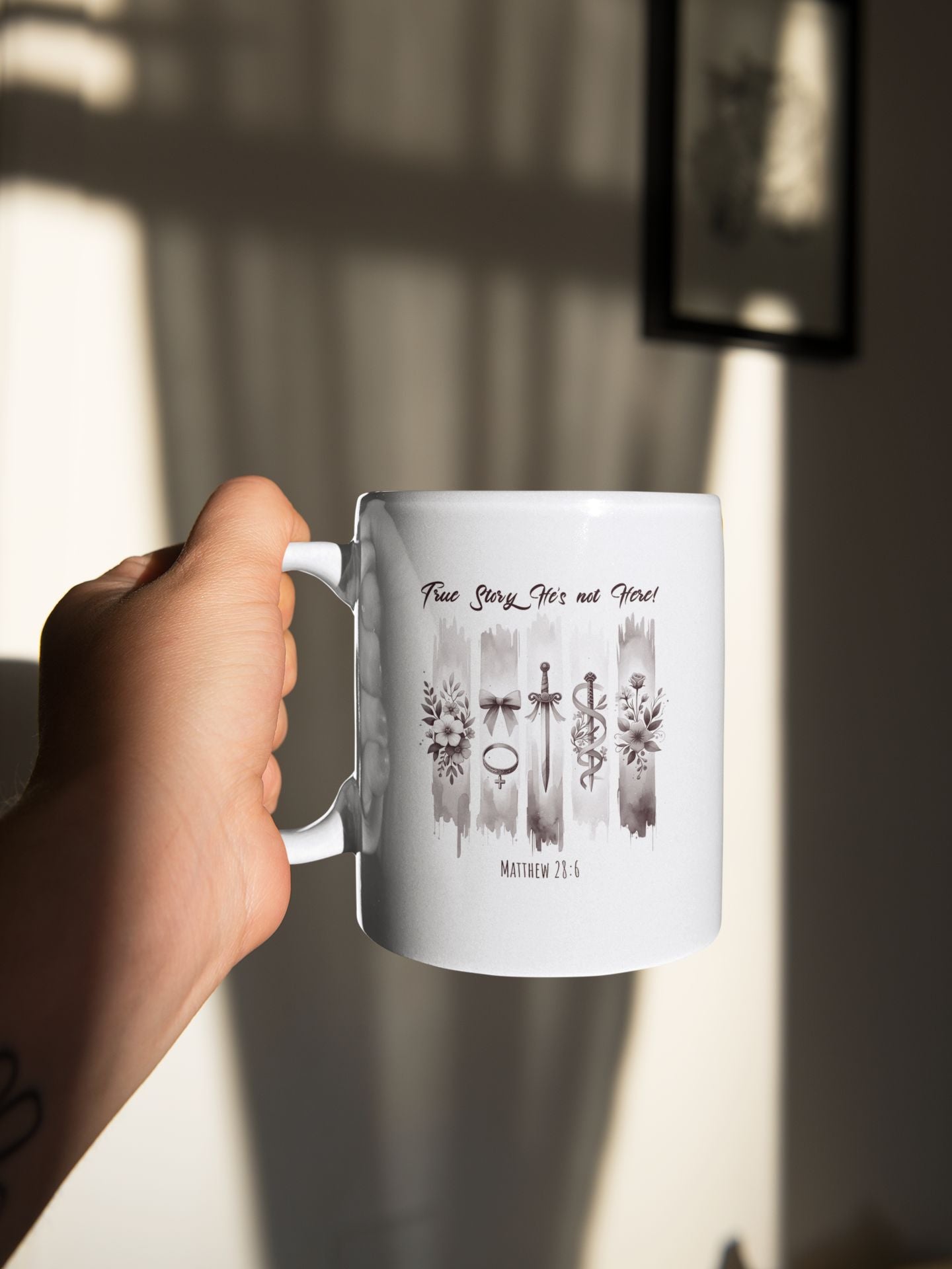 ''True Story He is Not Here'' Ceramic Coffee Mug (11oz, 15oz) , Religious, Faith Mug - a Gift for Christenings/Believers/Friends/Sisters/Mother.