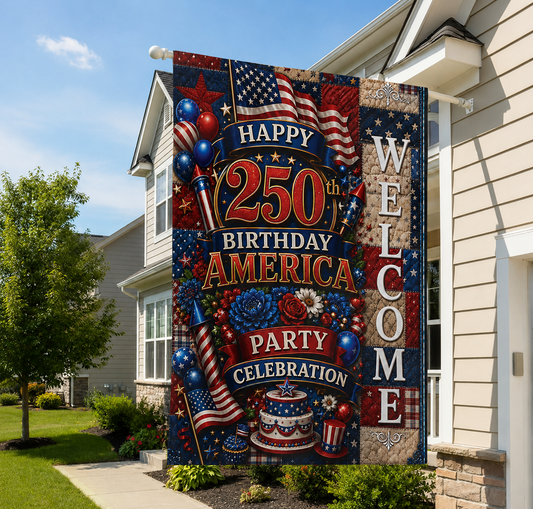 Patriotic "Happy 250th Birthday America" Outdoor Welcome Flag — 4th of July Celebration Garden Flag