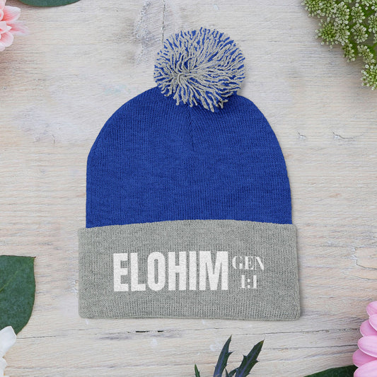 Pom-Pom Knit Cap with 'ELOHIM, GENESIS 1:1' Embroidery Beanie - Stylish Winter Accessory for All Ages, Perfect Gift for Birthdays, Holidays, and Outdoor Activities