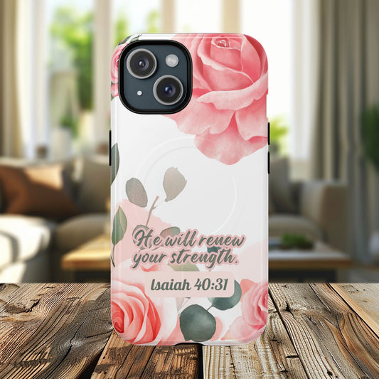 You will Renew your Strength Isaiah 40:11, Inspirational Gift, Tough iPhone Magnetic Case Scripture, Floral Bible Verse, MagSafe® iPhone®, iPhone 14, iPhone 15, iPhone 16, Pro, Pro Max, Plus.
