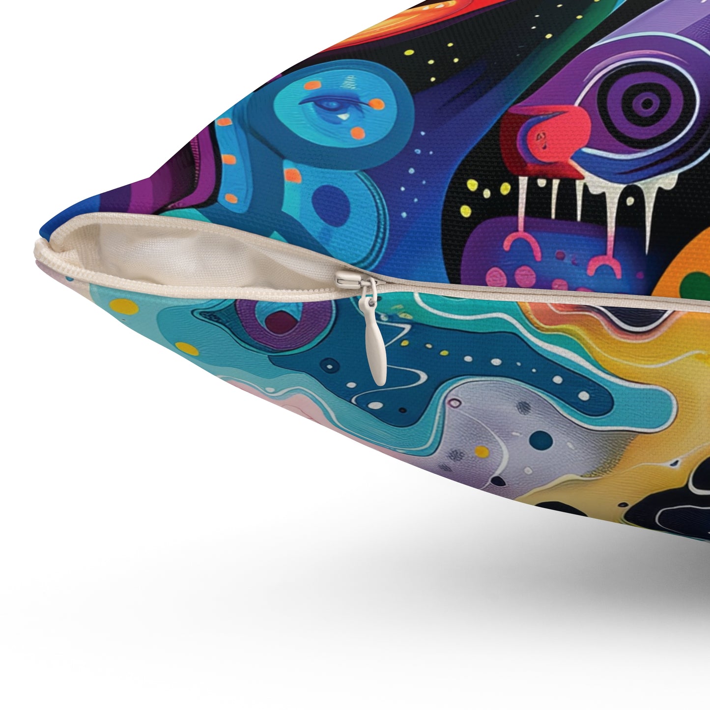 Psychedelic Visions Colorful Artistic Square Pillow | Vibrant Abstract Faces & Patterns Decor.