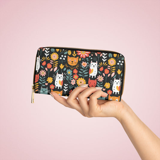 Whimsical Feline Garden Zipper Wallet, Cat Lover Gift, Adorable Wallet Accessory, Wallet for Women, Floral Print Purse