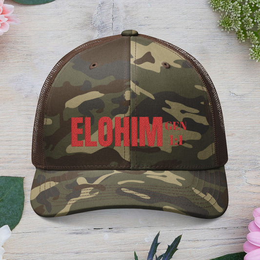 Red Camouflage Embroidered Trucker Hat with 'ELOHIM, GENESIS 1:1', Casual Style Hat, Adjustable, Unisex, Perfect Gift for Outdoors, Festivals, Daily Wear.