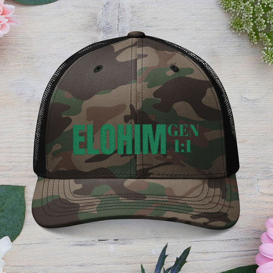 Green Camouflage Embroidered Trucker Hat with 'ELOHIM, GENESIS 1:1', Casual Style Hat, Adjustable, Unisex, Perfect Gift for Outdoors, Festivals, Daily Wear.