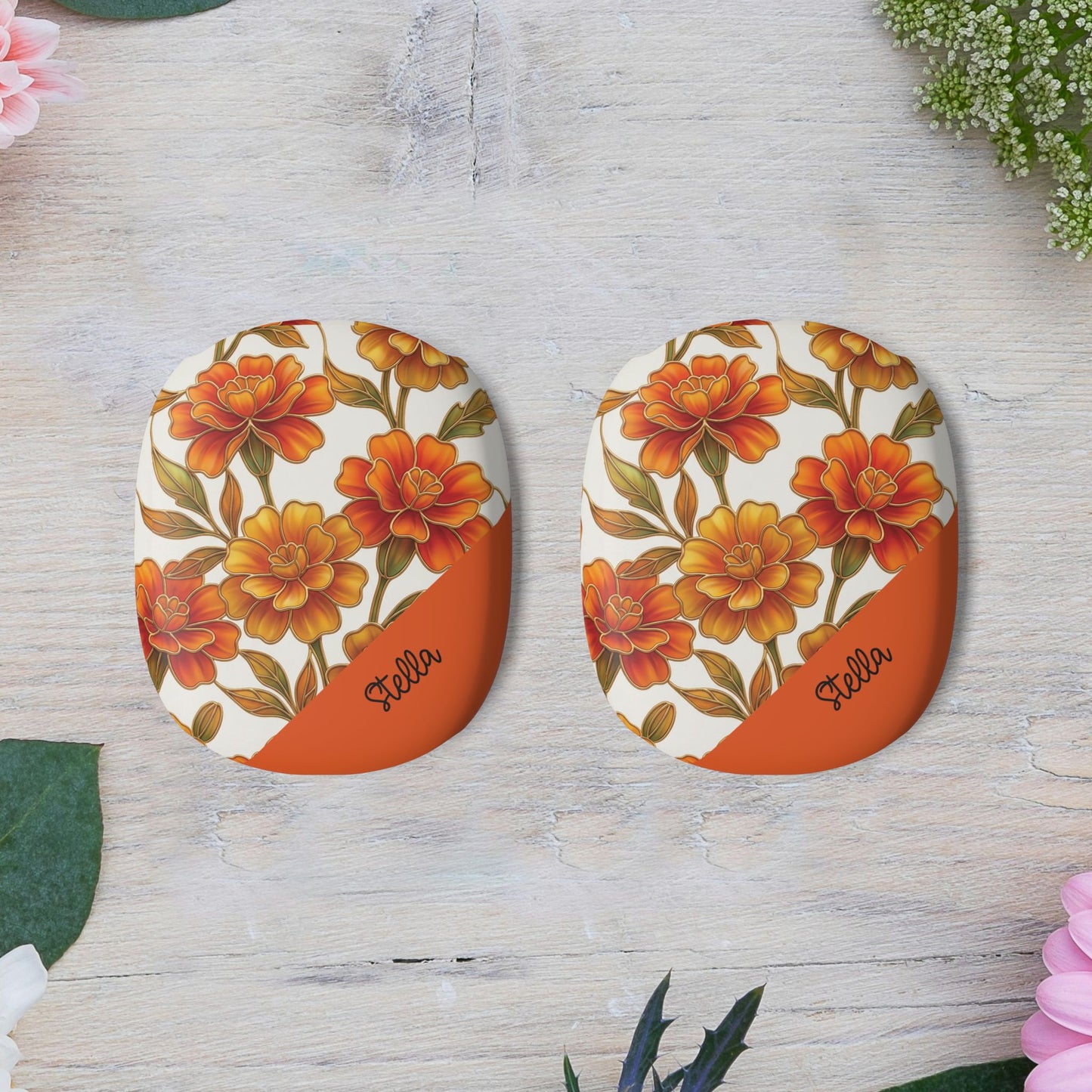 Personalized Floral Marigold Stained Glass Effect Bloom AirPod Max Covers — Retro Flower Protective Skins