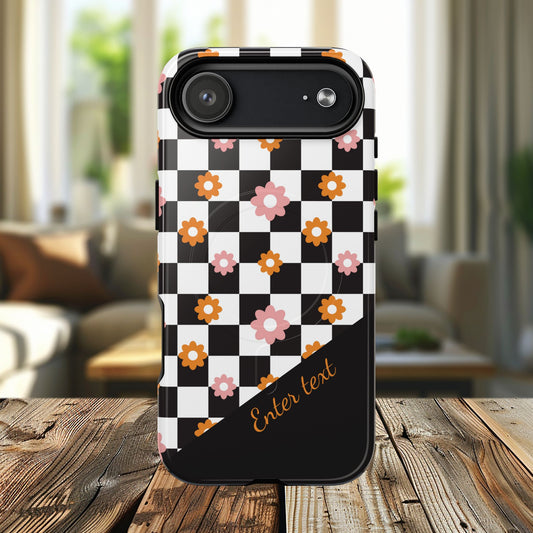 Groovy Checkered Bloom iPhone Case, Tough Magnetic Cases for Women, Stylish iPhone Cover, Trendy Floral Print, Gift for Her, Everyday Accessories