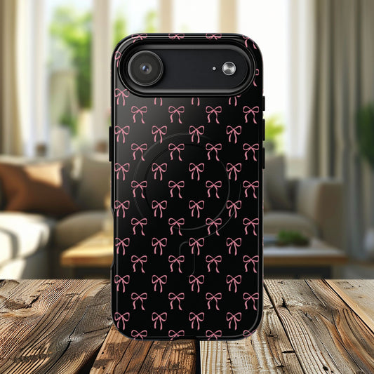 Coquette Chic Bow-Patterned Tough Magnetic iPhone Case, Stylish Gift for Her, Protective iPhone Cover, Trendy Accessory, iPhone Birthday Gift, Fashionable Tech