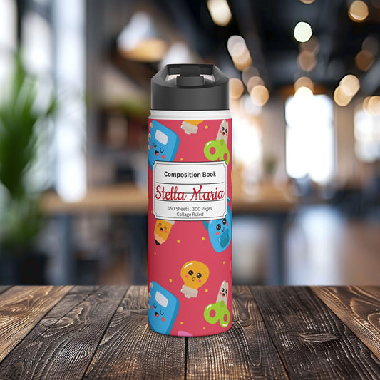 Personalized Kawaii Composition Book Inspired Stainless Steel Water Bottle for Kids, School Supplies, Eco-Friendly Drinkware, Back to School, Teacher Gifts
