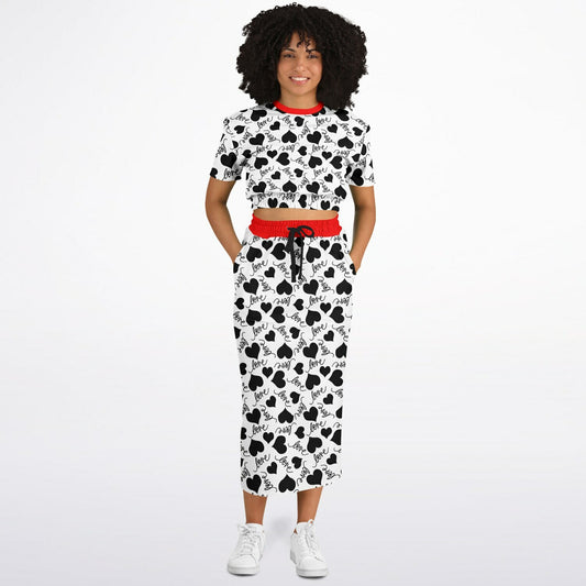 LOVE & HEARTS Athletic Cropped Short Sleeve Sweatshirt and Long Pocket Skirt Set – AOP