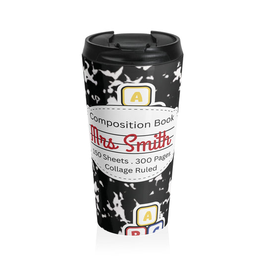 Customizable Black Composition Book Inspired Travel Mug, Personalized Gift for Teachers, Back to School Drinkware, Christmas Present, Stylish Coffee Cup