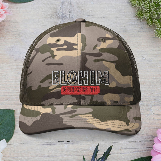 Camouflage Embroidered Trucker Hat with 'ELOHIM, GENESIS 1:1', Casual Style Hat, Adjustable, Unisex, Perfect Gift for Outdoors, Festivals, Daily Wear.