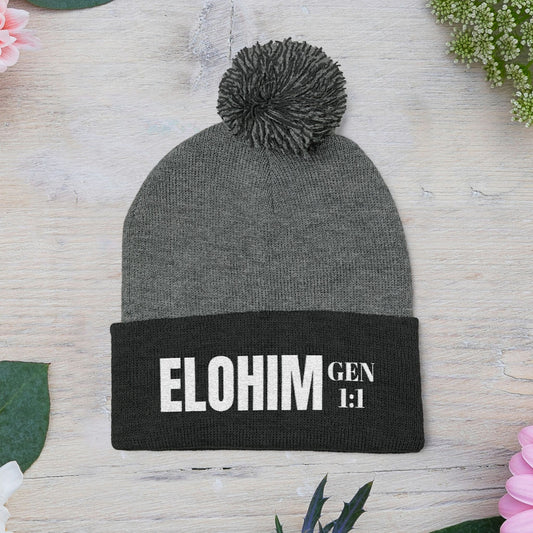 Pom-Pom Knit Cap with 'ELOHIM, GENESIS 1:1' Embroidery Beanie - Stylish Winter Accessory for All Ages, Perfect Gift for Birthdays, Holidays, and Outdoor Activities