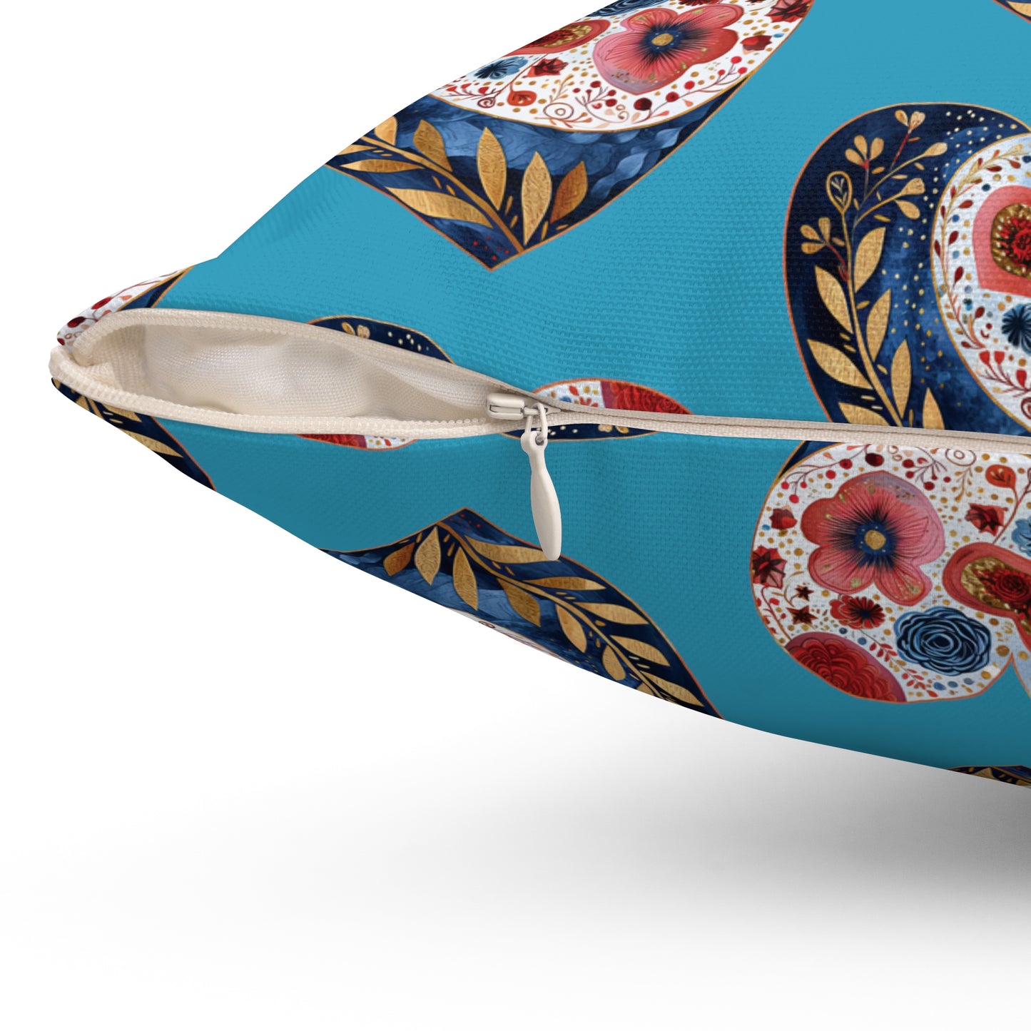 Turquoise Floral Heart Spun Polyester Square Pillow