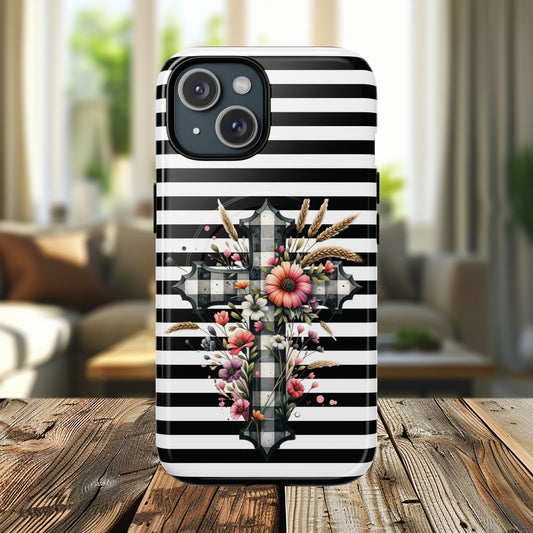 Grace in Bloom Tough Magnetic iPhone Case with Floral Cross Design, Boho iPhone Cover, Striped iPhone Case, Unique Religious Gift, Trendy Cell iPhone Accessory.