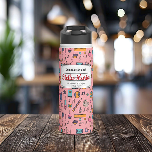 Personalized Pink Chalkboard Chic Inspired Stainless Steel Water Bottle for Kids, School Supplies, Eco-Friendly Drinkware, Back to School, Teacher Gifts