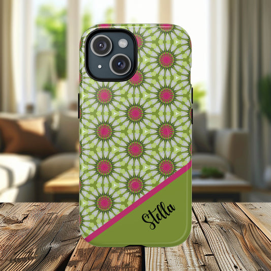 Personalized Meadow Mandala Bloom Vibrant Flower — Green & Pink Geometric Daisy Design