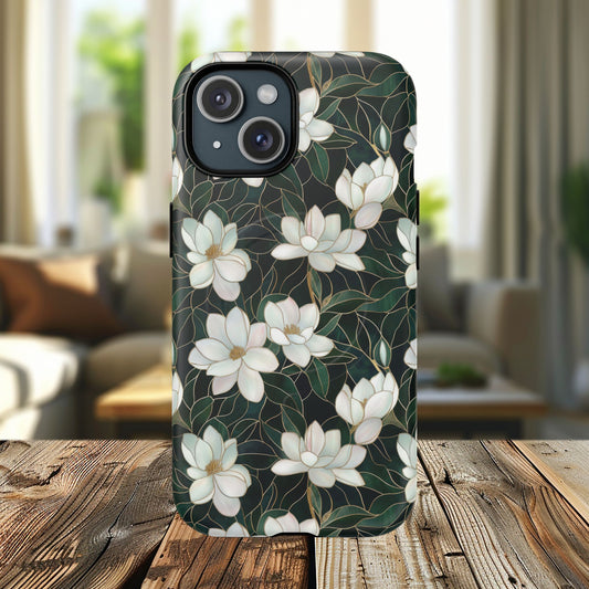 Midnight Magnolia Tough iPhone Magnetic Case, Stylish Stained Glass iPhone Protection, Nature Lover Gift, Spring Vibes