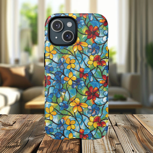 Vivid Bloomscape Tough Magnetic iPhone Case, Durable iPhone Cover, Gift for Her, Spring Accessories, Unique MagSafe Accessory, Mosaic iPhone Pattern.