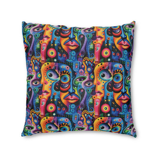 Psychedelic Visions Vibrant Faces Tufted Floor Pillow - Colorful Square Decorative Cushion